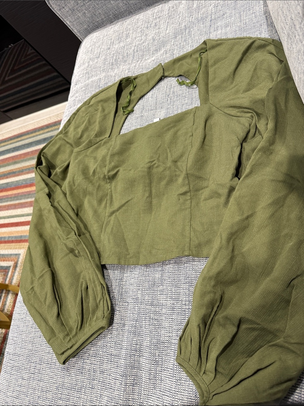Olive Green Long-Sleeve Cropped Square-Neck Top